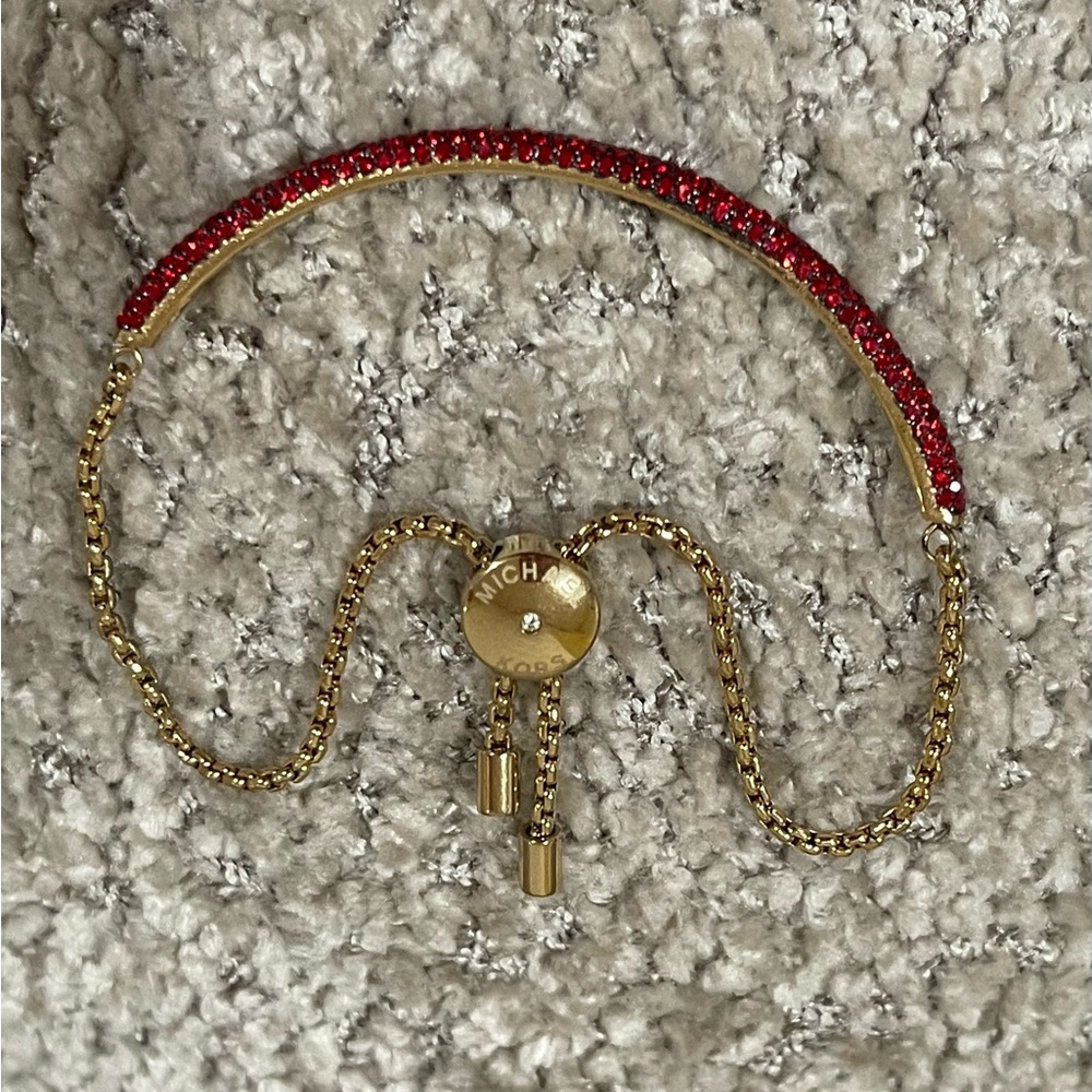 Michael Kors Adjustable Fuchsia Rhinestone Gold and Red Bracelet - Picture 3 of 11